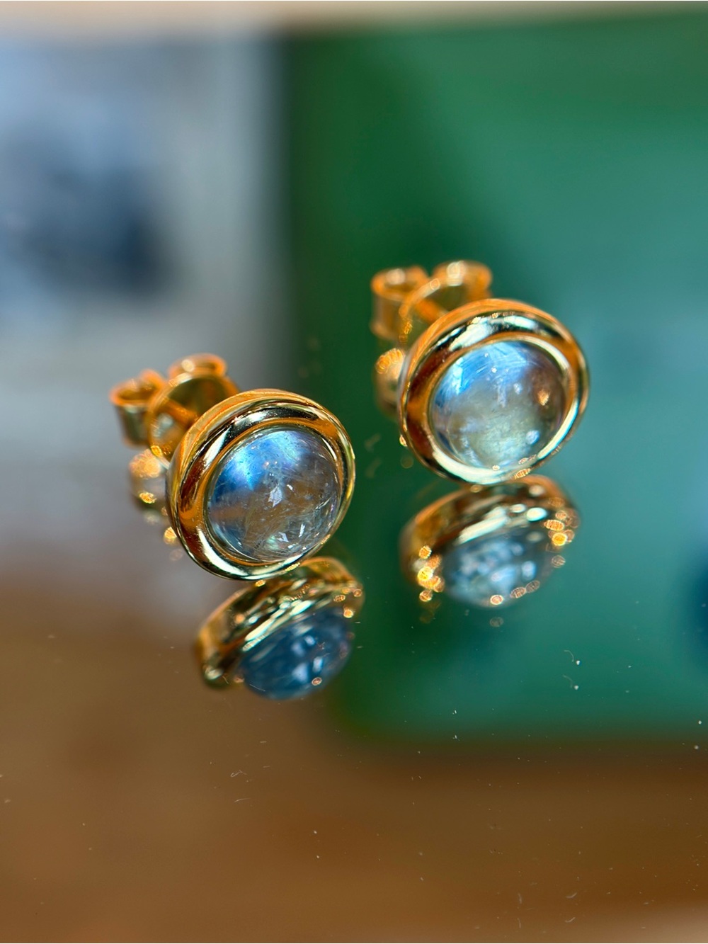 New 18K Gold Plated S925 Sterling Silver Bezel Set Natural Labradorite earrings